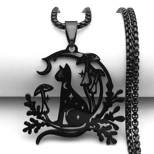Cat Moon Mushroom Necklace