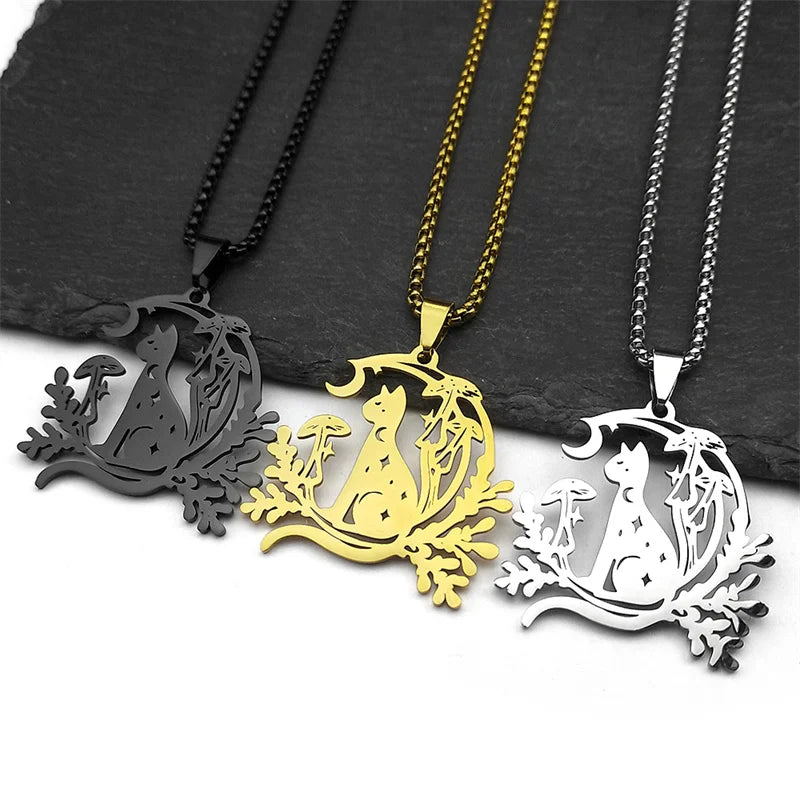 Cat Moon Mushroom Necklace