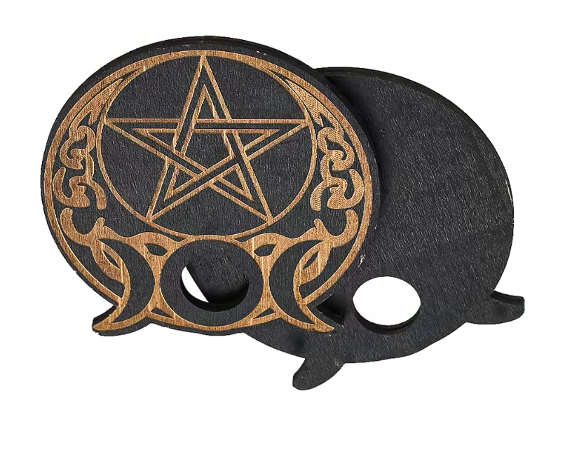 Triple Moon Pentacle Wood Crystal Ball Stand